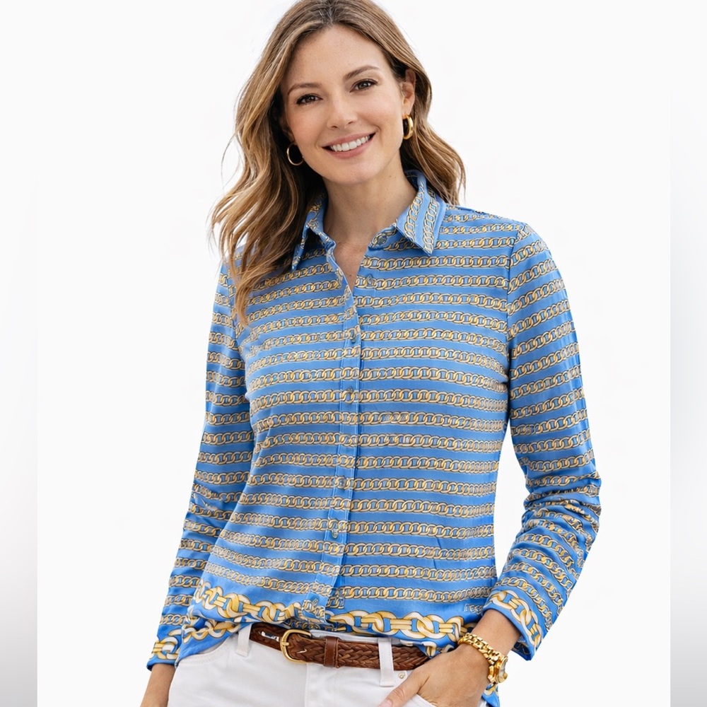J McLaughlin Top Size Large Blue Chain Print Catalina Cloth Shirt Stretch Collar